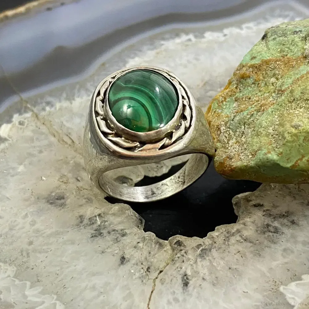 Vintage Native American Silver Oval Malachite Shield Ring Size 11 For Men - Picture 5 of 9